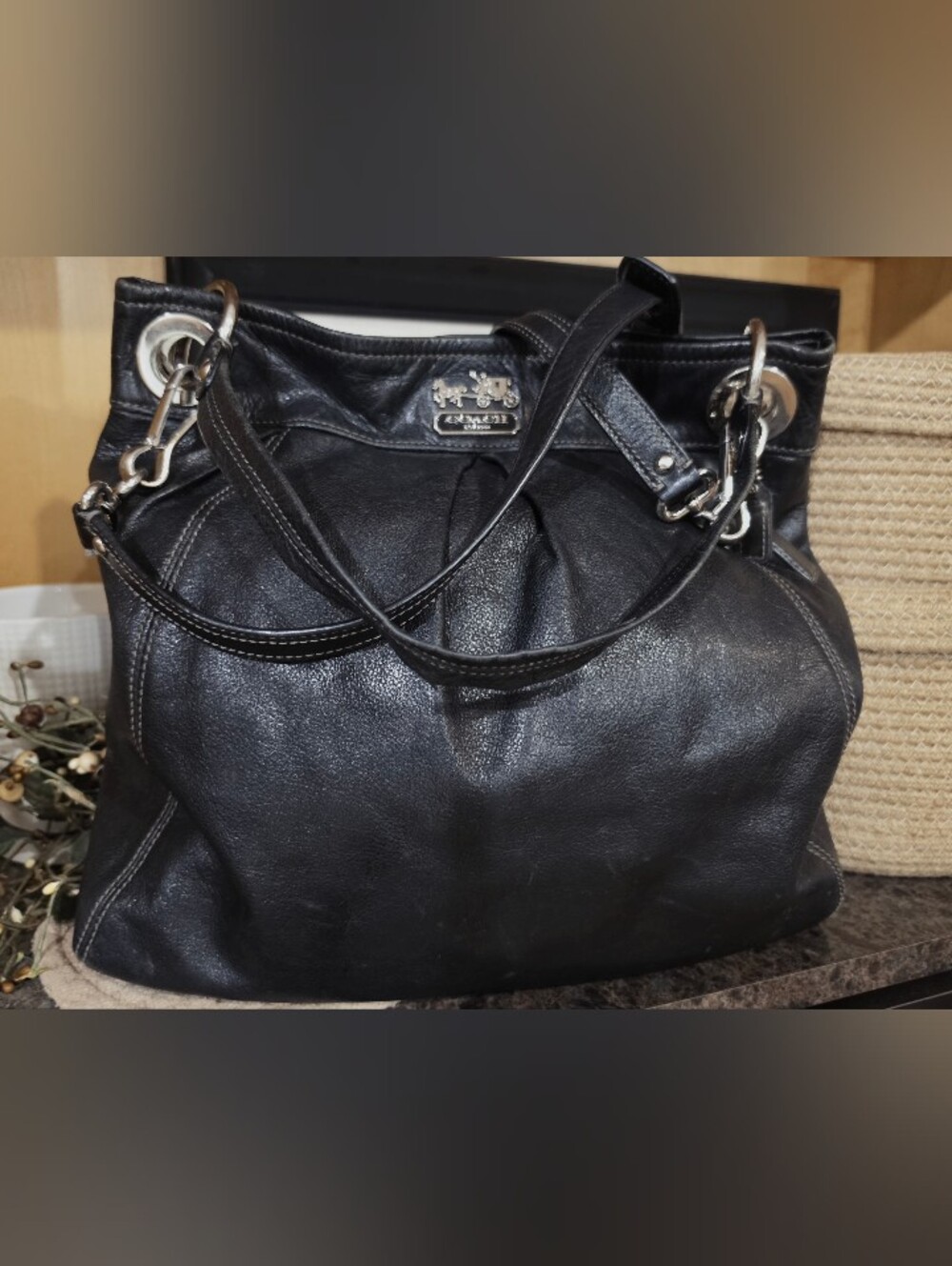 Coach Black Leather Silver Hardware. Pleated. Madison Shoulder Bag Crossbody.